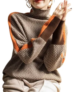 Bella | Damen Turtleneck Strickpullover mit Colorblock-Design und Chev