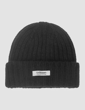 LE BONNET Ribbed Black // Woll-Beanie mit Label-Aufnäher