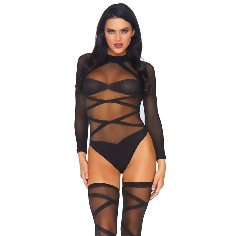 Sexy 2-tlg Damen Dessous-Set Body + Strümpfe Gogo Club Schwarz