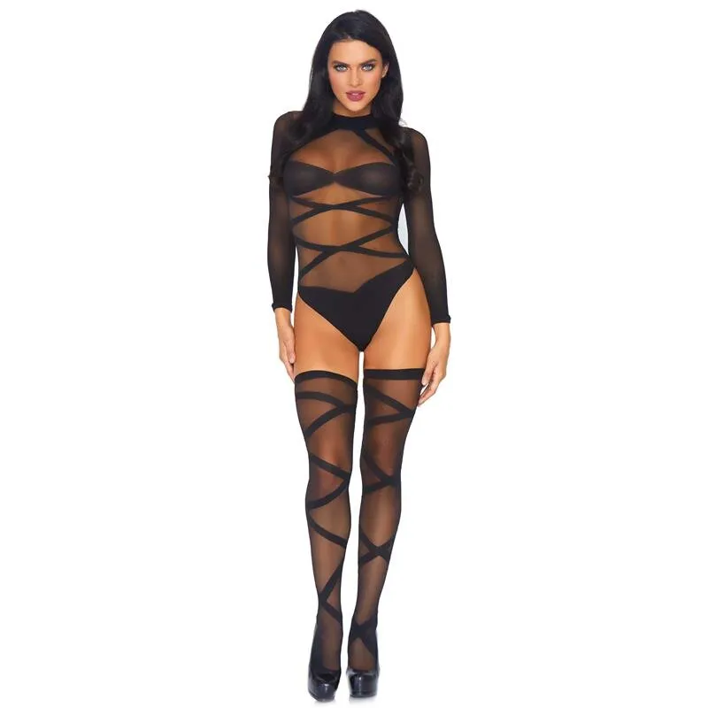 Sexy 2-tlg Damen Dessous-Set Body + Strümpfe Gogo Club Schwarz