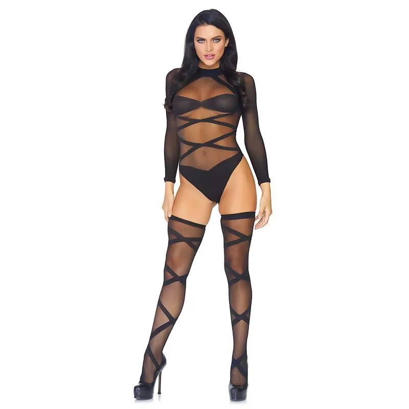 Sexy 2-tlg Damen Dessous-Set Body + Strümpfe Gogo Club Schwarz