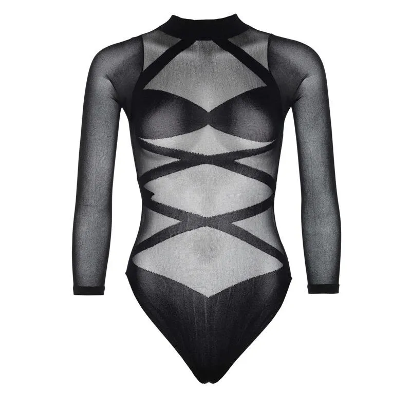 Sexy 2-tlg Damen Dessous-Set Body + Strümpfe Gogo Club Schwarz