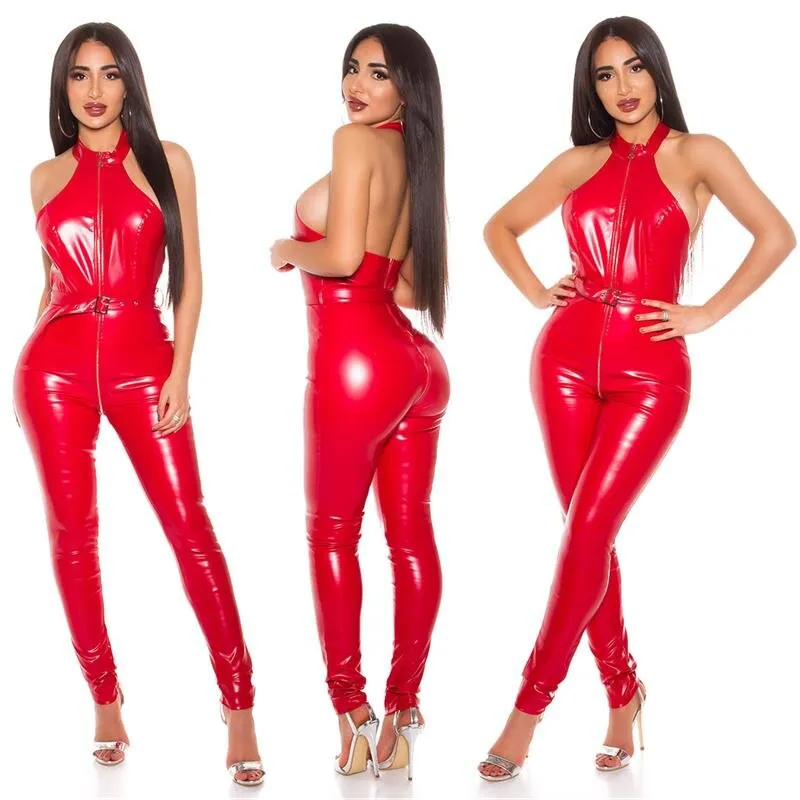 Sexy Damen Kunstleder Overall mit Zipper Clubwear Rot