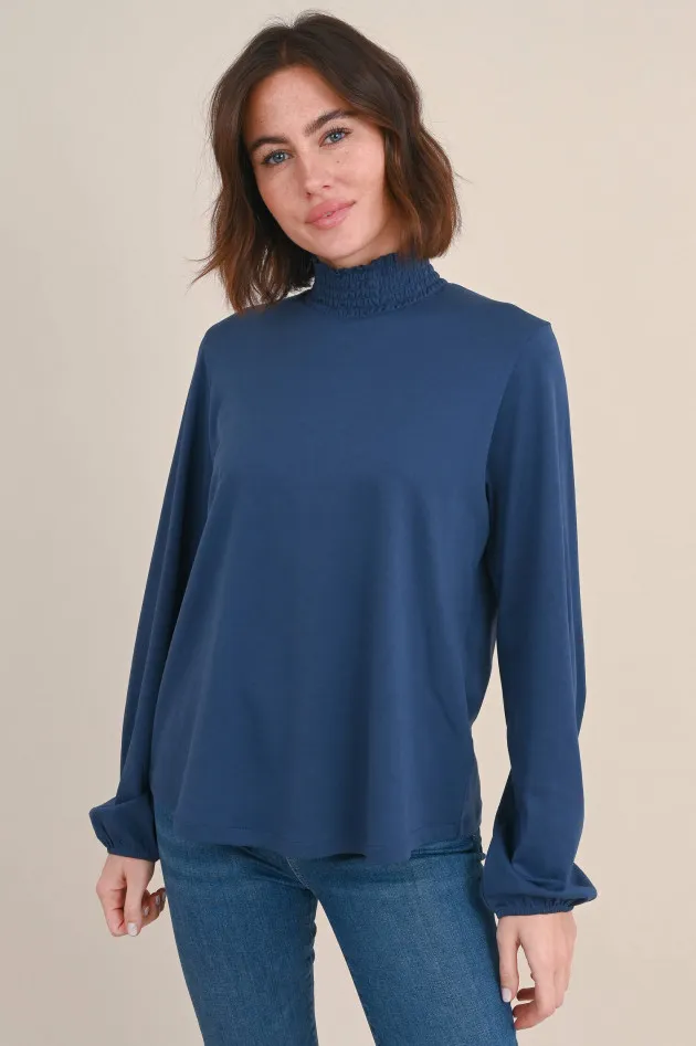 Shirt mit gesmoktem Stehkragen in Dunkelblau
