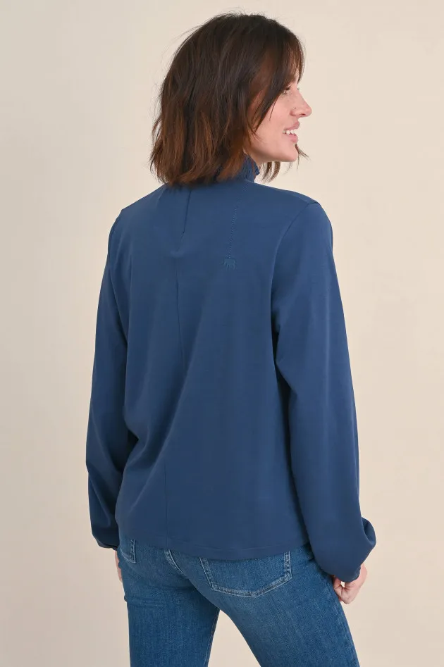 Shirt mit gesmoktem Stehkragen in Dunkelblau